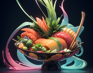 A bowl of sushi with a colorful, flowing design, including a green leafy plant, orange fish, and other sushi pieces. Cartoon Style