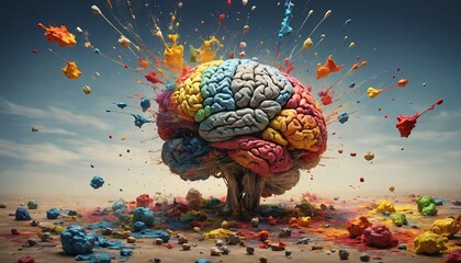 A colorful of a brain bursting with vibrant hues, resembling a painter's palette, with paintbrushes and splatters of paint, symbolizing the creative process and the limitless possibilities of thought.