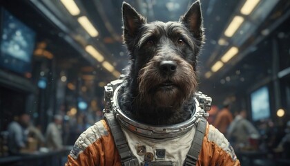 A Scottish Terrier dog in a space suit stands in a futuristic space station
