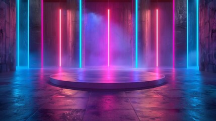 Vibrant neon lit stage awaits its next performer arrival