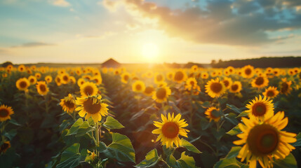 Fototapeta premium Sunrise in the Sunflower Field