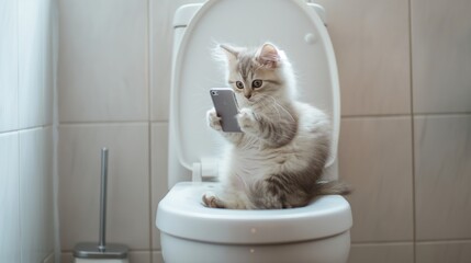 A little kitten is sitting on a toilet, holding a smartphone in its paws