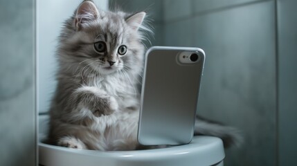 A little kitten is sitting on a toilet, holding a smartphone in its paws