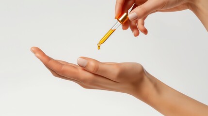 A woman's hand holds a pipette from which oil drips into the other hand. Personal care, beauty treatments, massage. Skin care and beauty