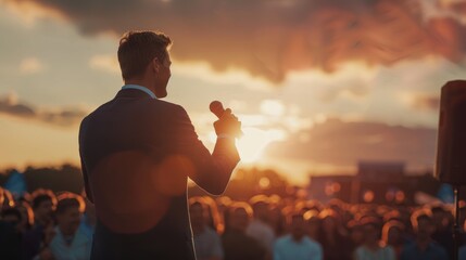 Speaker addressing an outdoor crowd at sunset, capturing the essence of public speaking, leadership, and inspirational moments.