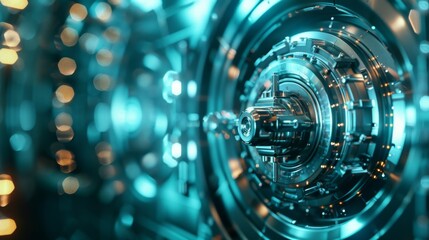 A futuristic bank vault guarded by a holographic quantum computing system portraying the potential for quantum encryption to protect financial transactions and sensitive data.