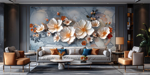 panel wall art, wall decoration, marble background with flowers designs