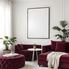 Frame mockup, ISO A paper size. Living room poster mockup. Modern interior design. Living room Interior mockup with house background. 3D render
