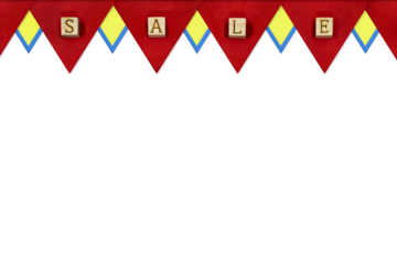 SALEの英語ブロックを入れた三角形のポップを重ね黄色と青色のアクセントが入ったフレーム
