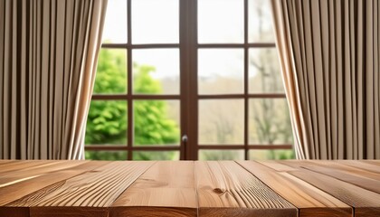 Curtained Calm: Wooden Table with Soft Focus Window