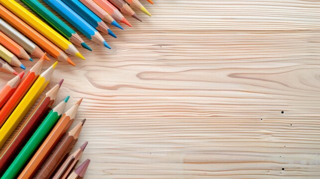 Top view of a few colored pencils around on wooden table. Education, learning, back to scholl concept. Space for copy text