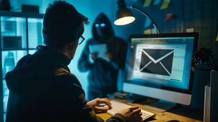 A computer screen showing a phishing email, a person looking worried and about to click on a link, symbolizing the threat of phishing attacks. Generative AI illustration 