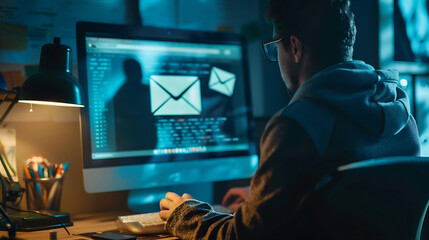 A computer screen showing a phishing email, a person looking worried and about to click on a link, symbolizing the threat of phishing attacks. Generative AI illustration 