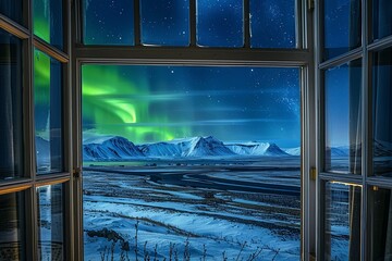 View of Iceland's Nature landscape from a hotel window with aurora