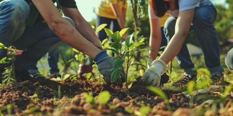 Group of people planting young trees in the garden, teamwork and community effort in environmental conservation and reforestation.