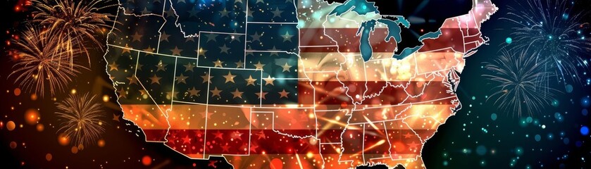 An illustration of the American flag superimposed over a silhouette of the United States map The background includes elements like fireworks and stars