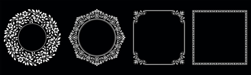 Set of decorative frames Elegant vector element for design in Eastern style, place for text. Floral black and white borders. Lace illustration for invitations and greeting cards.