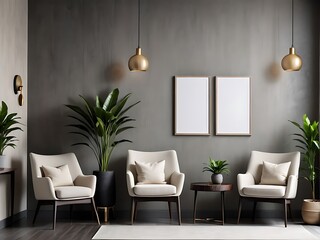  Livingroom in dark gray and taupe colors. Mockup microcement texture wall interior. Design office. Beige ivory accents, decor shelves and lamp. Modern reception lounge with rich chairs. 3d render 