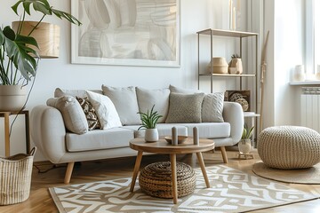 A Scandinavian-style living room with a neutral color palette and natural wood accents.