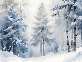Fototapeta premium Winter Forest Landscape Watercolor Art