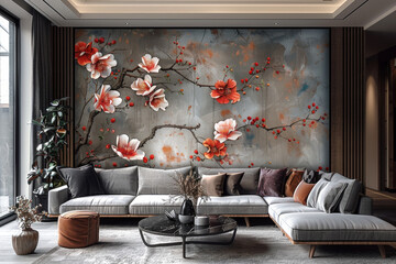 panel wall art, wall decoration, marble background with flowers designs