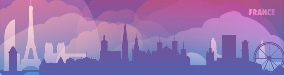 France country skyline with cities panorama, gradient vector thin banner. Purple color Paris, Lyon, Marseille, Toulouse, Strasbourg, Nice cityscapes for footer, header, infographic, horizontal graphic