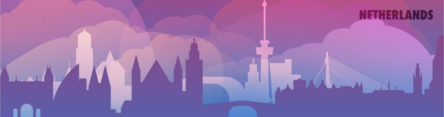 Netherlands country skyline with cities panorama, gradient vector thin banner. Purple color Amsterdam, Rotterdam, Utrecht, Eindhoven, The Hague cityscapes for footer, header, horizontal infographic