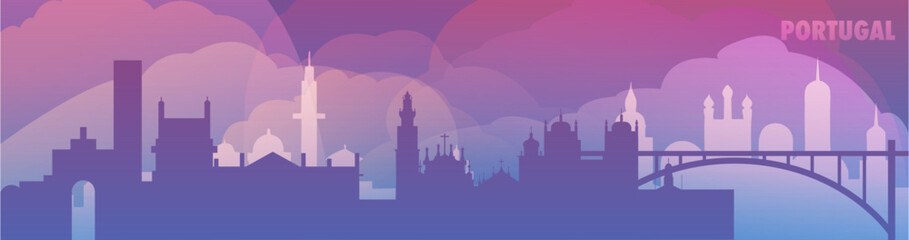 Portugal country skyline with cities panorama, gradient  thin banner. Purple color Lisbon, Porto, Braga, Coimbra, Funchal, Setubal cityscapes for footer, header, infographic, horizontal graphic