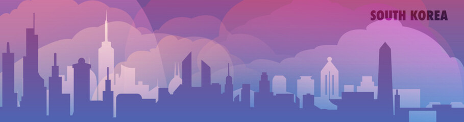 South Korea country skyline with cities panorama, gradient thin banner. Purple color Seoul, Busan, Incheon, Daegu, Daejeon cityscapes for footer, header, infographic, horizontal graphic