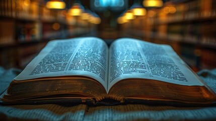 Open antique book over wooden table.