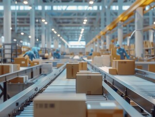 Naklejka premium Distribution center with workers sorting packages, high detail