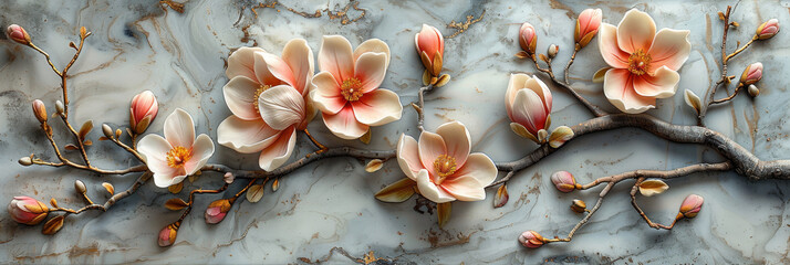 panel wall art, wall decoration, marble background with flowers designs