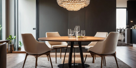 A modern, minimalist dining room with a small, round table and chairs, surrounded by a neutral color palette and sleek decor.