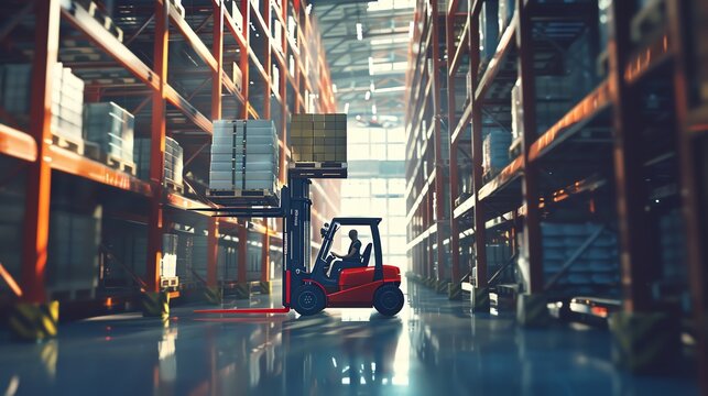 Forklift placing pallets on high shelves, in a large warehouse, detailed and lifelike