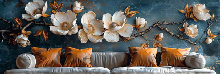 panel wall art, wall decoration, marble background with flowers designs