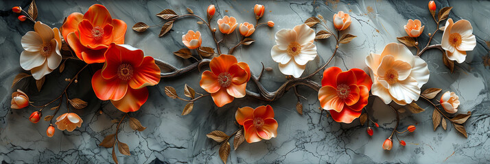 panel wall art, wall decoration, marble background with flowers designs