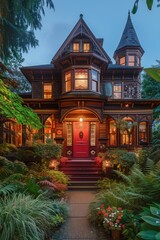 Fototapeta premium Stunning Victorian-style exterior with intricate woodwork, lush landscaping, and a vibrant red front door, bathed in soft morning light.