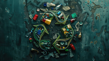 A recycling logo made up of various recyclable items 