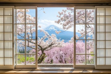 View of Japan from a Japanese hotel window at spring with Cherry Blossom tree / Sakura tree