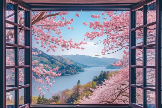 Fototapeta View of Japan from a Japanese hotel window at spring with Cherry Blossom tree / Sakura tree