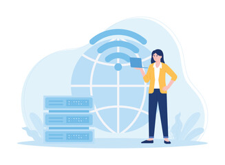 a woman working on a wifi network concept flat illustration