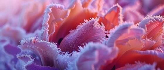 Frosty Florals: Extreme macro perspective capturing the frost-kissed allure of tulip petals encased...