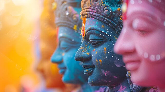 Colorful Hindu statues lined up in a row, showcasing the vibrant beauty of Hindu culture and tradition.