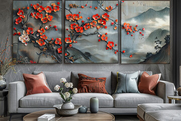 panel wall art, wall decoration, marble background with flowers designs