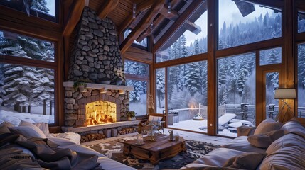 Rustic mountain cabin living room with stone fireplace, warm wooden beams, and panoramic windows displaying a snow-covered forest.