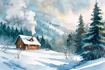 Cozy Winter Cabin in Snowy Landscape,Watercolor Painting of Pine Trees and Snow-Covered Mountains
