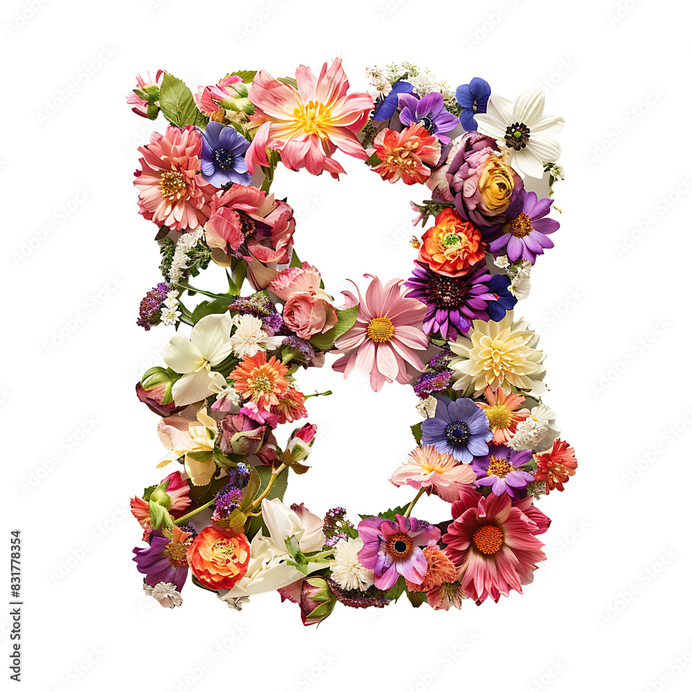 Fototapete elegant shot of text letters b crafted in flowers on a clean, isolated on transparent background