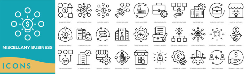 Miscellany Business icon set. Business Diversity, Miscellaneous Icons, Business Variety, Diverse Services, Mixed Industries, General Business and Assorted Ventures