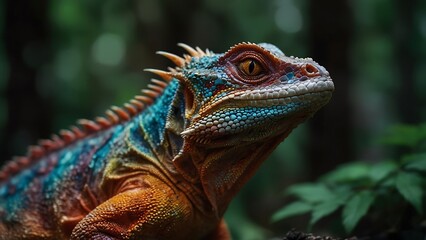 portrait of a beautifully patterned iguana relaxing on a tree trunk with a blurred background