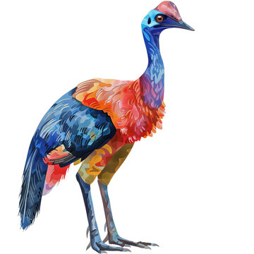 recommend clip art: Colorful illustration of a cassowary bird with vibrant feathers, showcasing a unique blend of blue, red, and yellow hues, standing tall.